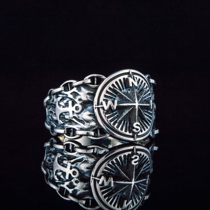 Handcrafted Compass and Anchor Ring - Sterling Silver