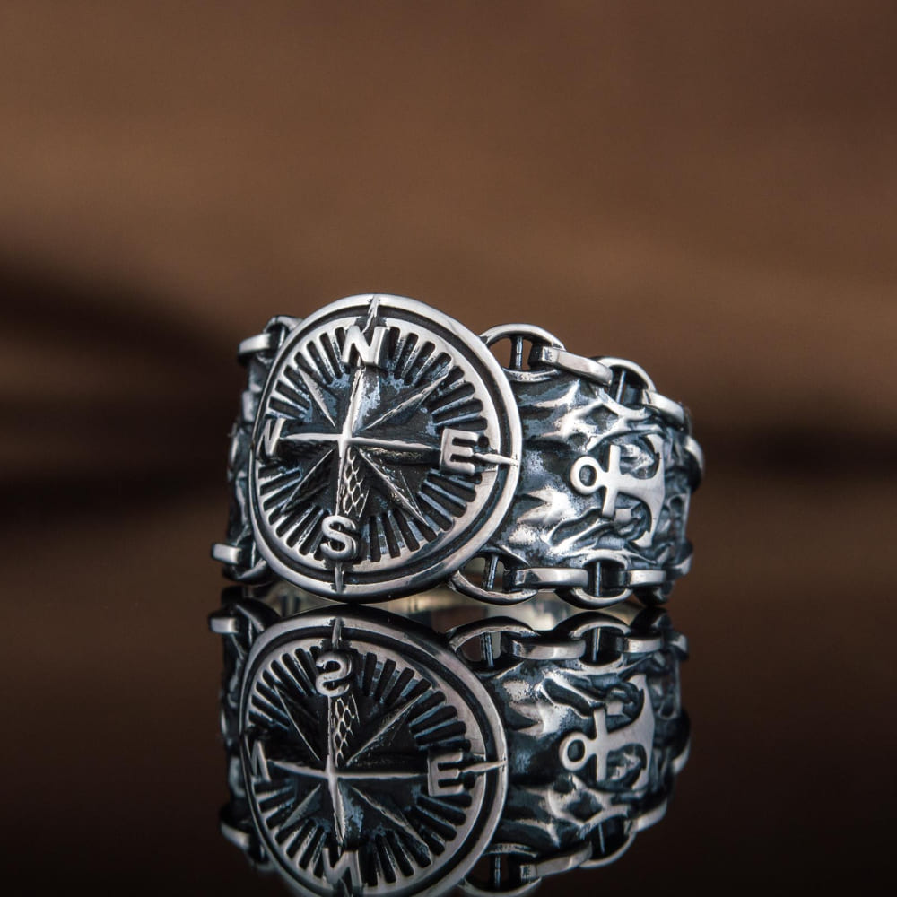 Handcrafted Compass and Anchor Ring - Sterling Silver