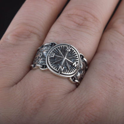 Handcrafted Compass and Anchor Ring - Sterling Silver