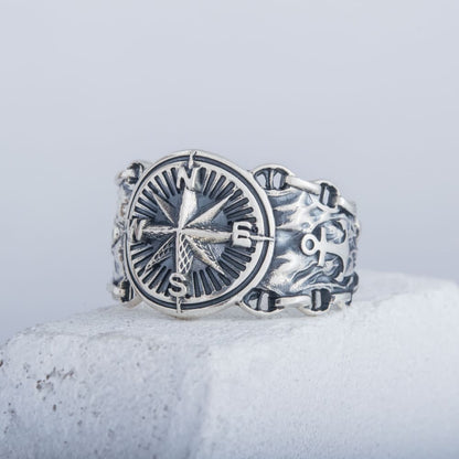 Handcrafted Compass and Anchor Ring - Sterling Silver