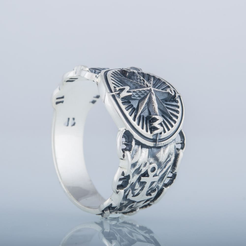 Handcrafted Compass and Anchor Ring - Sterling Silver