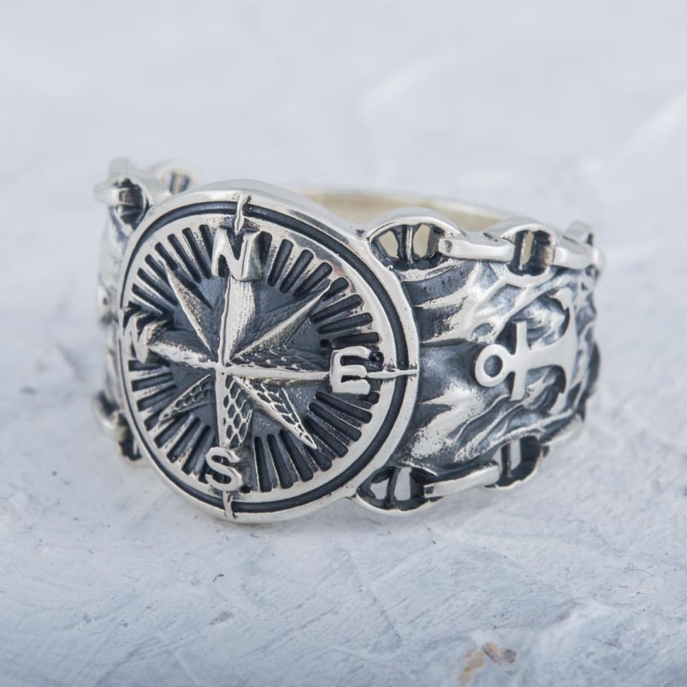 Handcrafted Compass and Anchor Ring - Sterling Silver