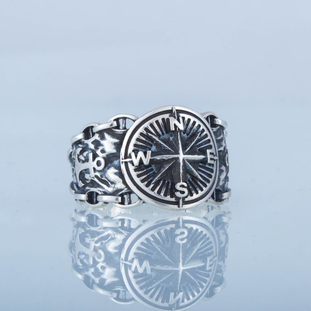 Handcrafted Compass and Anchor Ring - Sterling Silver