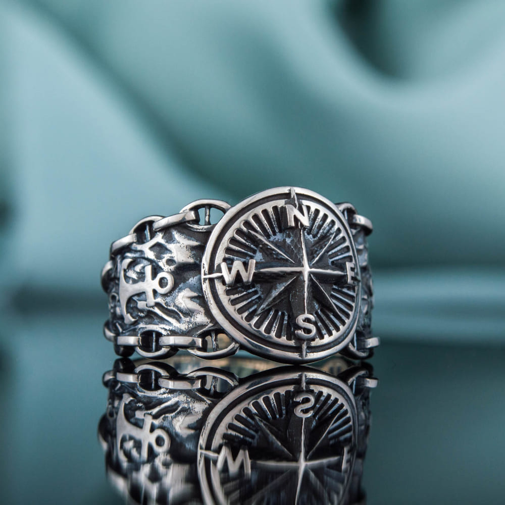 Handcrafted Compass and Anchor Ring - Sterling Silver