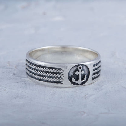 Handcrafted Anchor Crest Ring - Sterling Silver