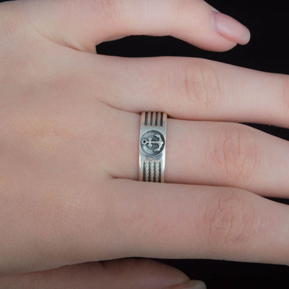 Handcrafted Anchor Crest Ring - Sterling Silver