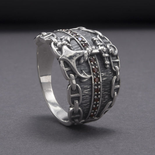 Handcrafted Lavish Anchor and Chain Ring - Sterling Silver