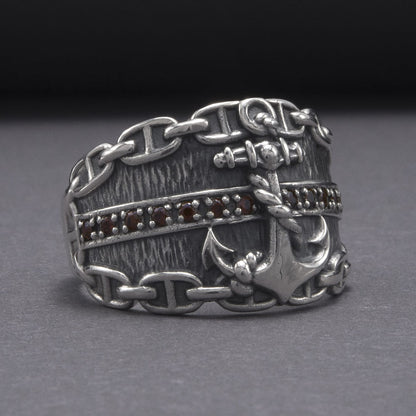 Handcrafted Lavish Anchor and Chain Ring - Sterling Silver