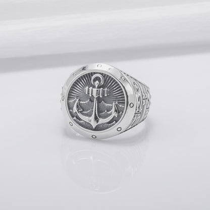 Handcrafted Anchor Crest Signet Ring - Sterling Silver