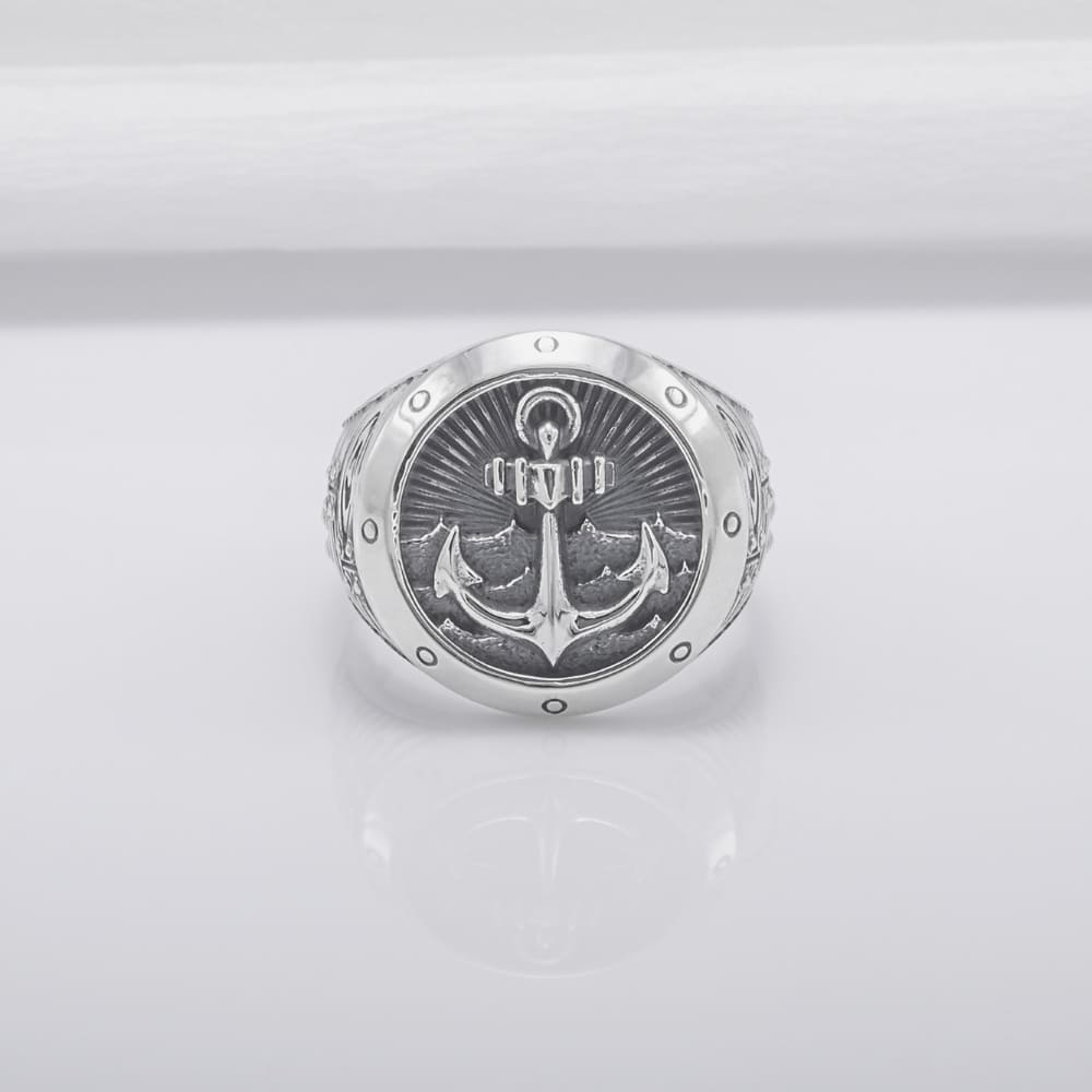 Handcrafted Anchor Crest Signet Ring - Sterling Silver