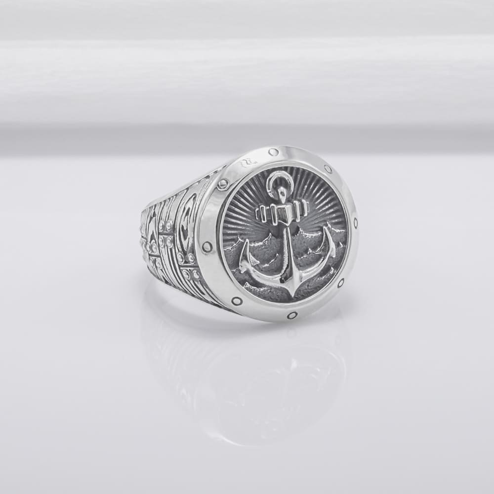 Handcrafted Anchor Crest Signet Ring - Sterling Silver