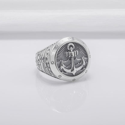 Handcrafted Anchor Crest Signet Ring - Sterling Silver