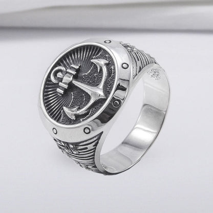 Handcrafted Anchor Crest Signet Ring - Sterling Silver