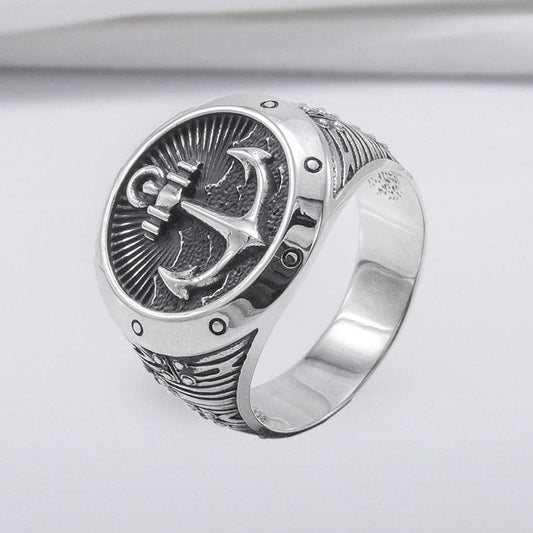 Handcrafted Anchor Crest Signet Ring - Sterling Silver