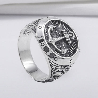 Handcrafted Anchor Crest Signet Ring - Sterling Silver