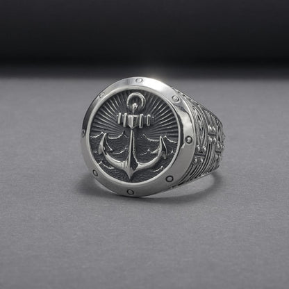 Handcrafted Anchor Crest Signet Ring - Sterling Silver