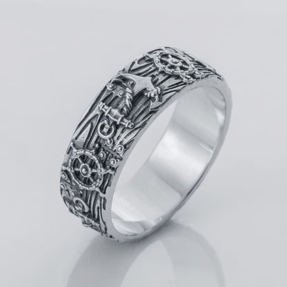 Handcrafted Nautical Anchor and Wheel Ring - Sterling Silver