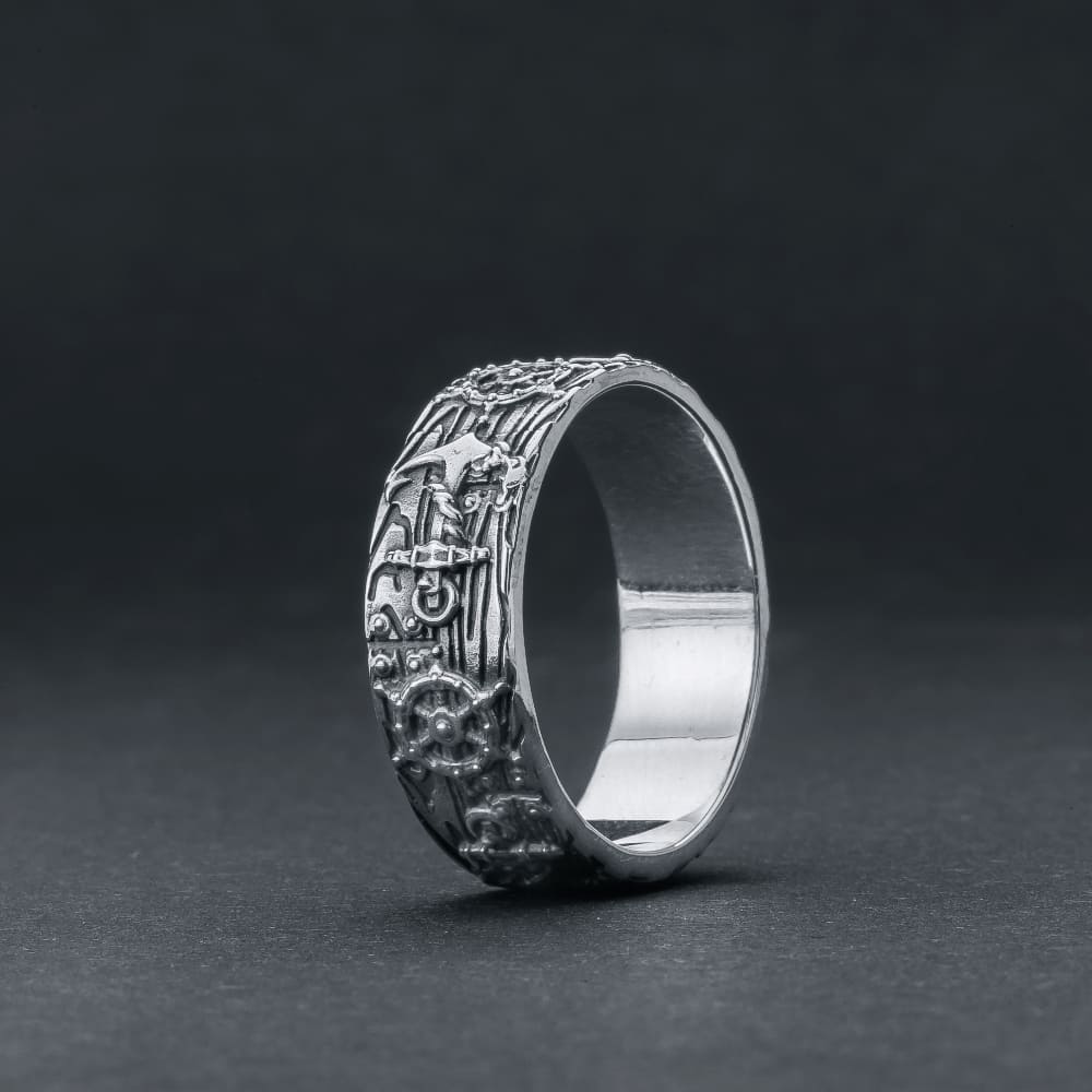 Handcrafted Nautical Anchor and Wheel Ring - Sterling Silver