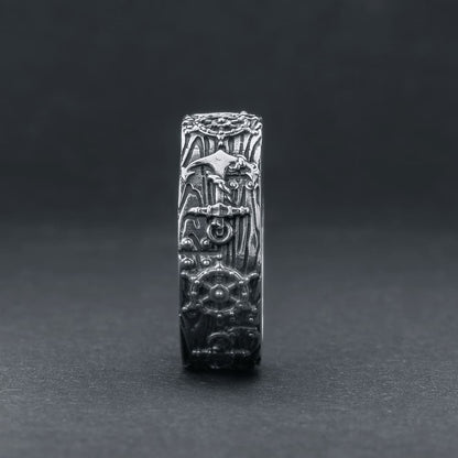 Handcrafted Nautical Anchor and Wheel Ring - Sterling Silver