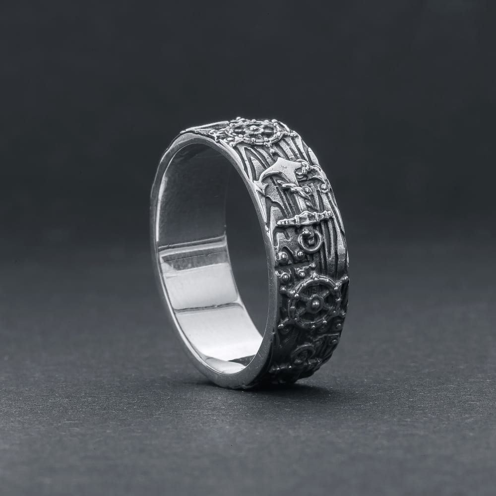 Handcrafted Nautical Anchor and Wheel Ring - Sterling Silver