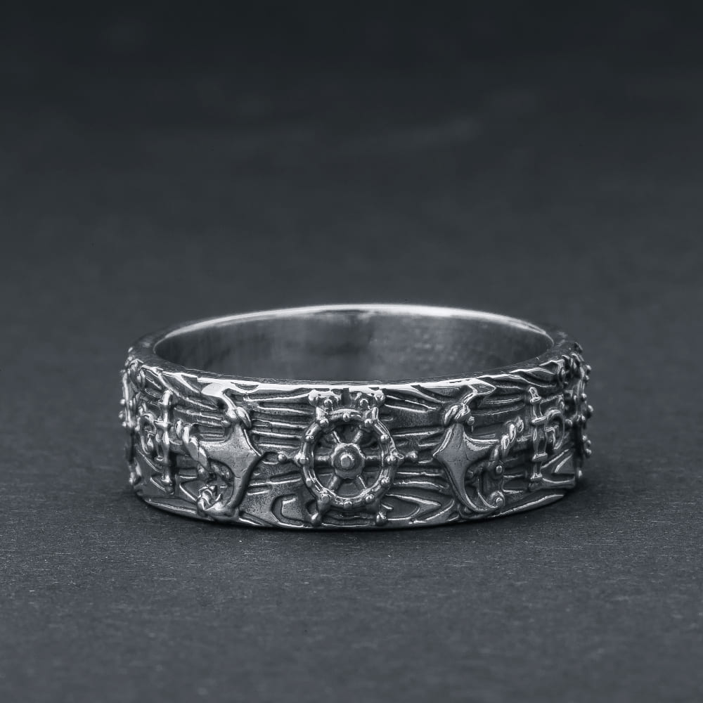 Handcrafted Nautical Anchor and Wheel Ring - Sterling Silver