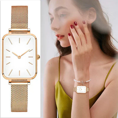 Elegant rectangular women's watch with steel bracelet