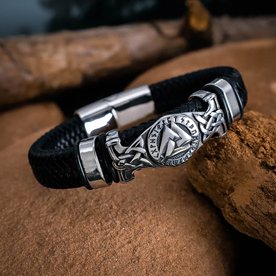 Valknut Rune Thick Leather Bracelet