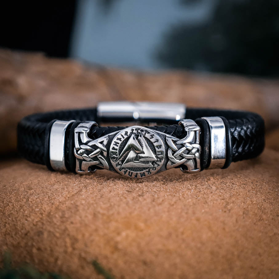 Valknut Rune Thick Leather Bracelet