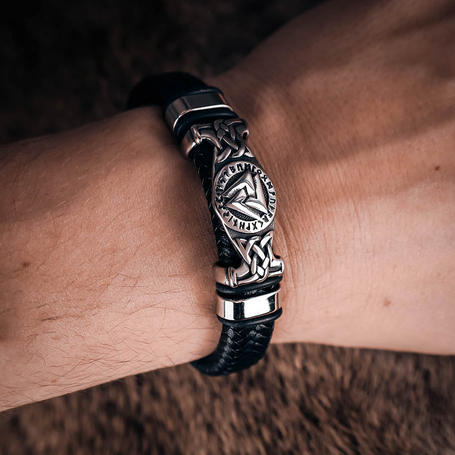 Valknut Rune Thick Leather Bracelet