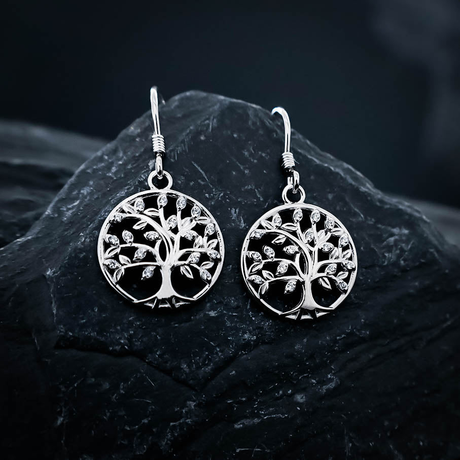 Yggdrasil Tree Gemmed Drop Earrings - Sterling Silver