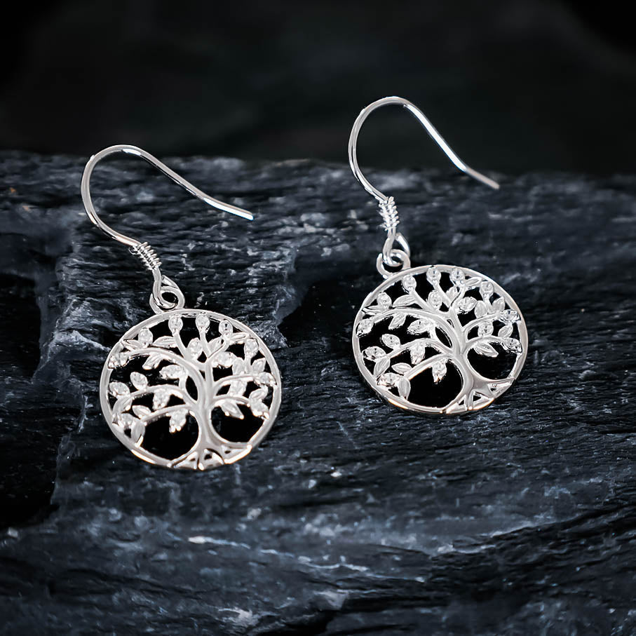 Yggdrasil Tree Gemmed Drop Earrings - Sterling Silver