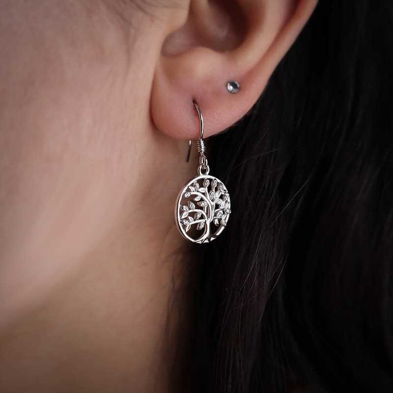 Yggdrasil Tree Gemmed Drop Earrings - Sterling Silver