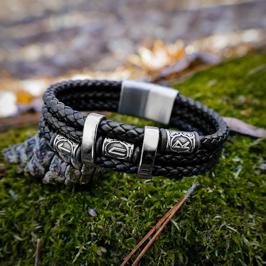 Tyr Bead Triple Band Leather Bracelet