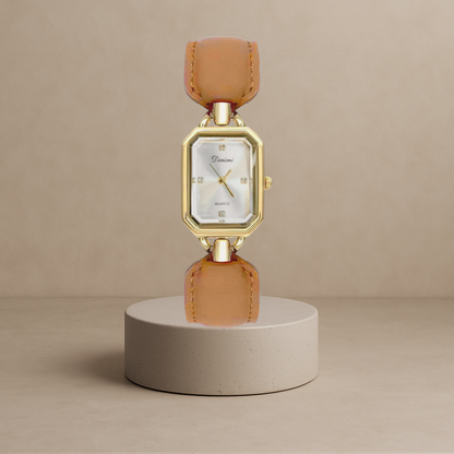 Elegant women's square disc watch with luxury leather strap
