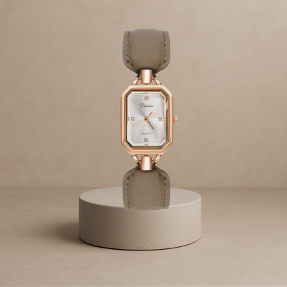 Elegant women's square disc watch with luxury leather strap