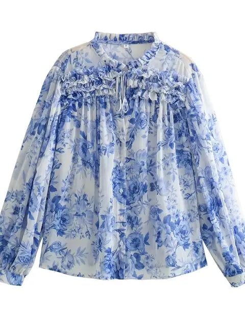LAREINA | Blusa vintage, semitransparente, estampada, con pliegues y cordón