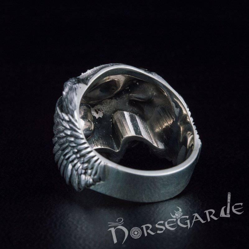 Handcrafted Ansuz Skull and Ravens Ring - Sterling Silver