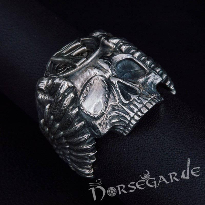 Handcrafted Ansuz Skull and Ravens Ring - Sterling Silver