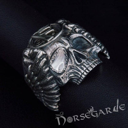 Handcrafted Ansuz Skull and Ravens Ring - Sterling Silver