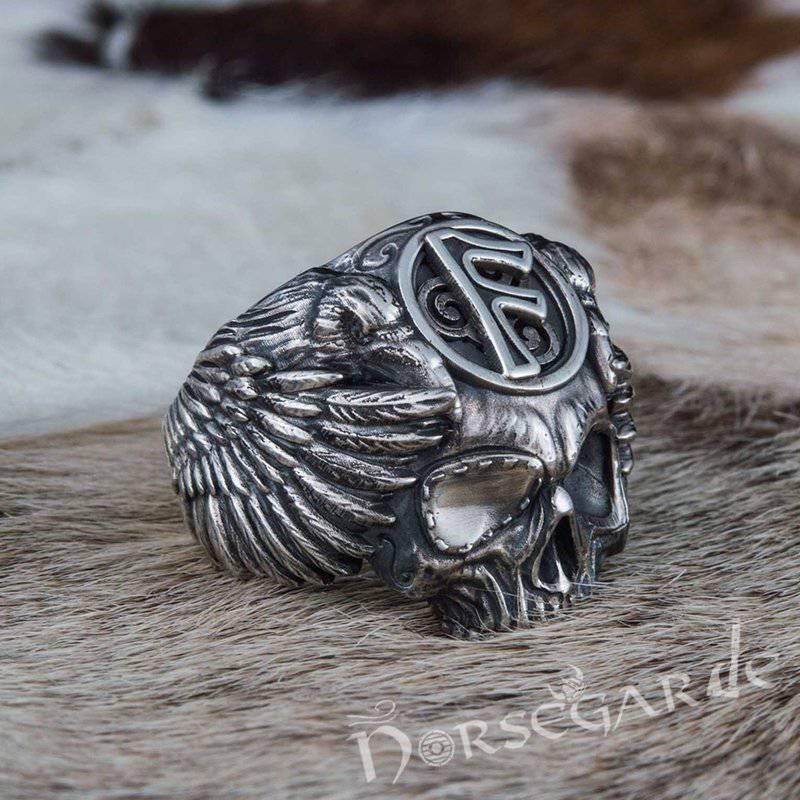 Handcrafted Ansuz Skull and Ravens Ring - Sterling Silver