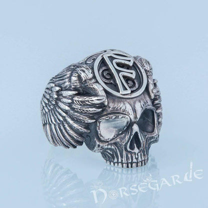 Handcrafted Ansuz Skull and Ravens Ring - Sterling Silver
