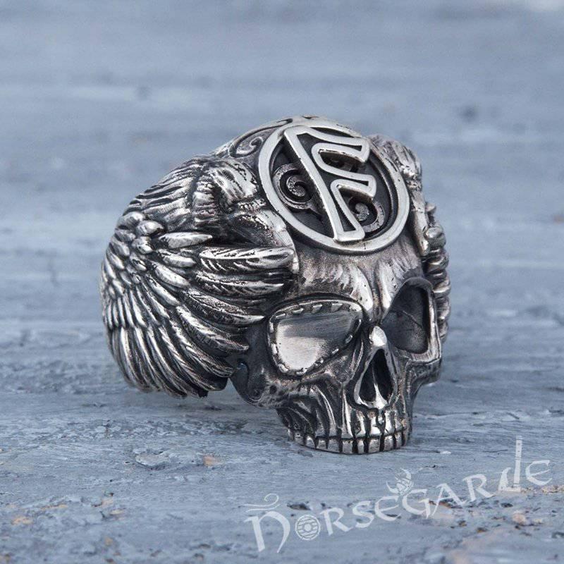 Handcrafted Ansuz Skull and Ravens Ring - Sterling Silver