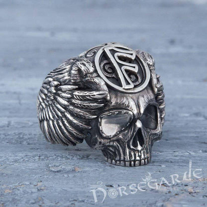 Handcrafted Ansuz Skull and Ravens Ring - Sterling Silver