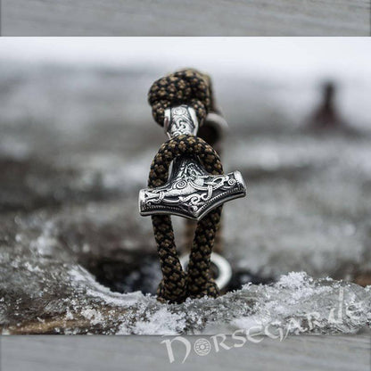 Handcrafted Bark Paracord Bracelet with Mjölnir and Runes - Sterling Silver