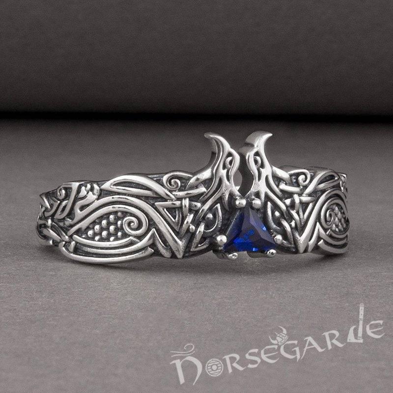 Handcrafted Celtic Ravens Gemmed Band - Sterling Silver
