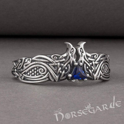 Handcrafted Celtic Ravens Gemmed Band - Sterling Silver