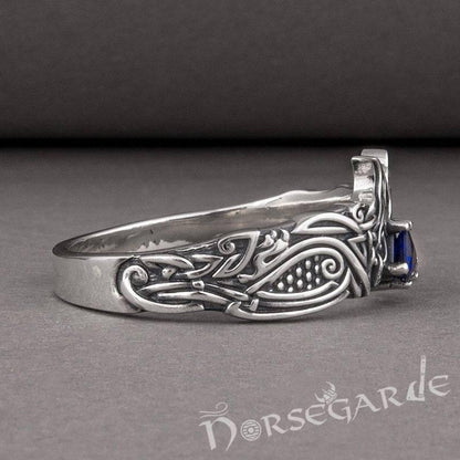 Handcrafted Celtic Ravens Gemmed Band - Sterling Silver
