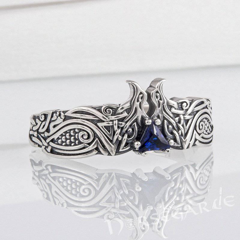 Handcrafted Celtic Ravens Gemmed Band - Sterling Silver