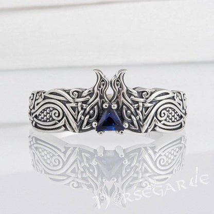 Handcrafted Celtic Ravens Gemmed Band - Sterling Silver