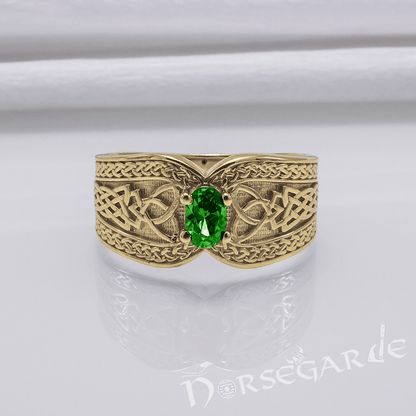 Handcrafted Celtic Treasure Ring - Gold with Emerald